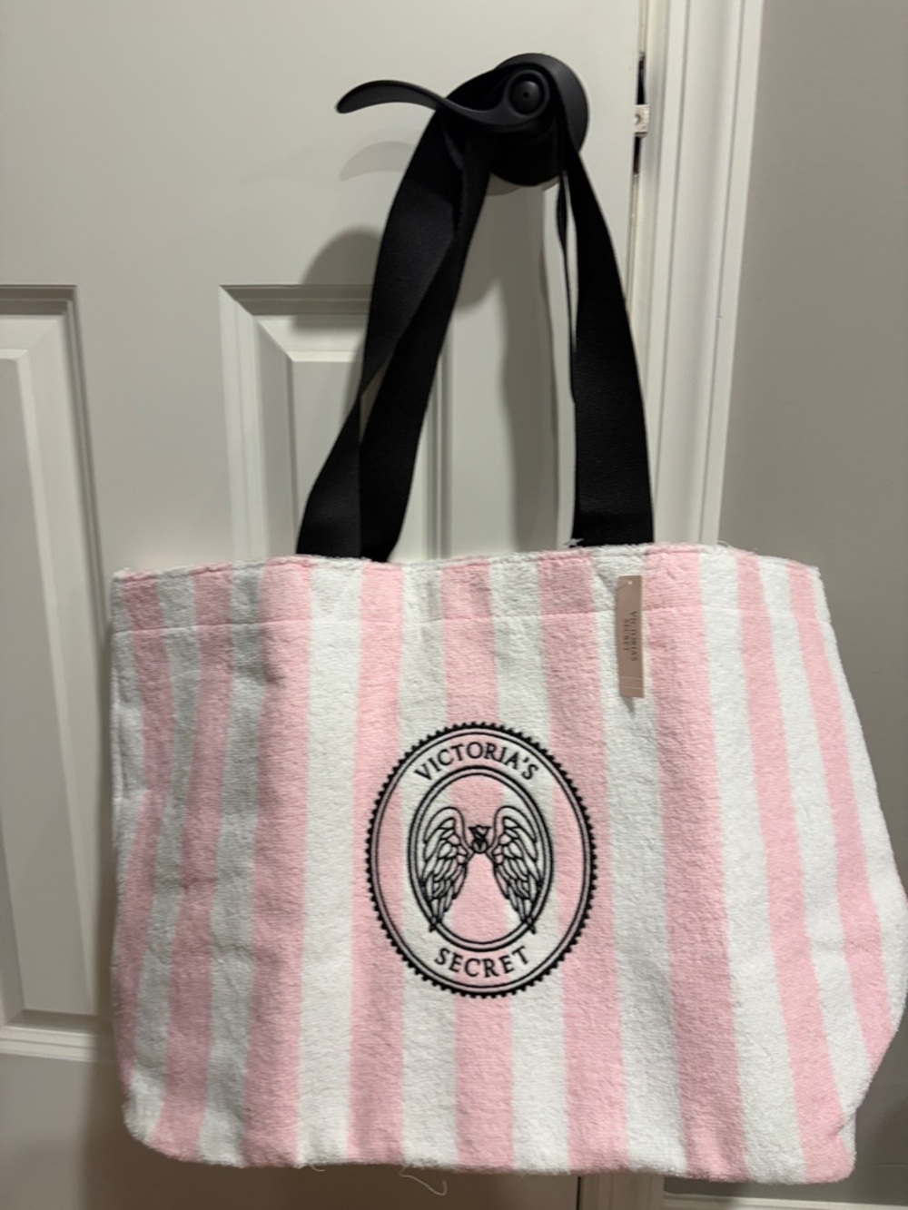 Victoria's Secret Pink & White Striped Beach Tote with Black Handles